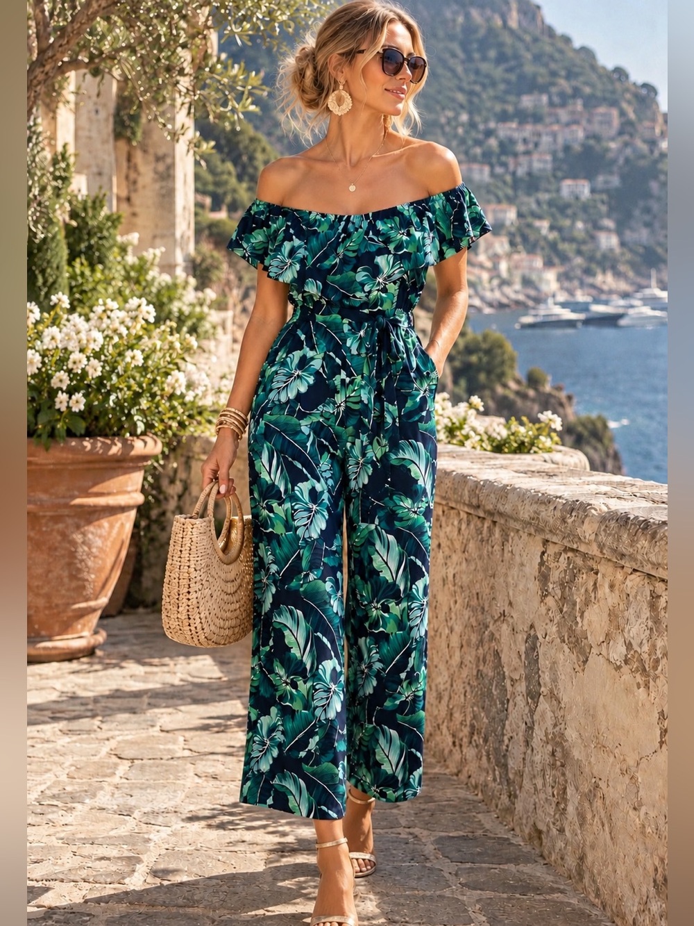 Tommy Bahama Tropical Resort Jumpsuit Cruise Off Shoulder Boho M Wide Leg
